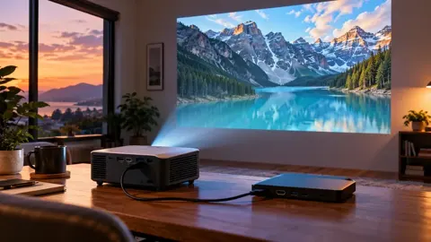 Projetor e aparelho de reprodução sobre mesa de madeira, com imagem de montanhas projetada na parede.