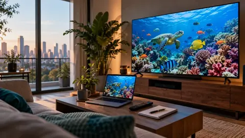 Televisão com cena submarina de corais e peixes, caderno e controle em mesa de centro.