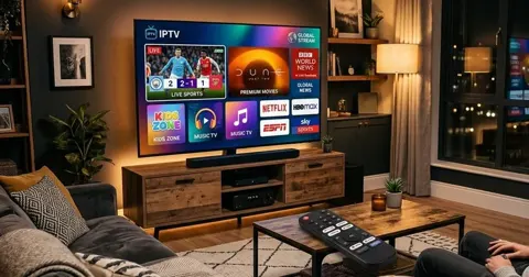 Ilustração de sala com televisão, painel de aplicativos e controle remoto.