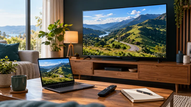 Televisão e notebook com colinas verdes, caderno e controle sobre mesa em sala iluminada.