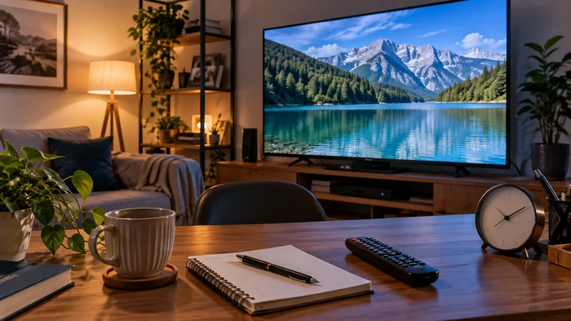 Televisão com lago entre montanhas, com caderno, controle e relógio em mesa de centro.