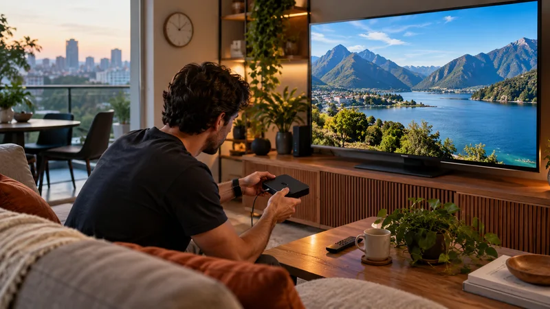 Pessoa manipulando pequeno aparelho diante de televisão com lago e montanhas em sala clara.