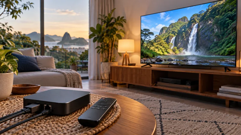 Aparelho de reprodução com cabos e controle remoto sobre mesa de centro, televisão com cachoeira ao fundo.
