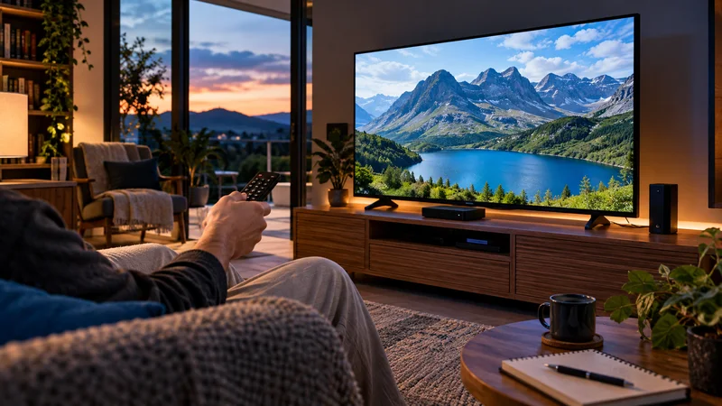 Pessoa no sofá com controle diante de televisão com montanhas e lago ao entardecer.