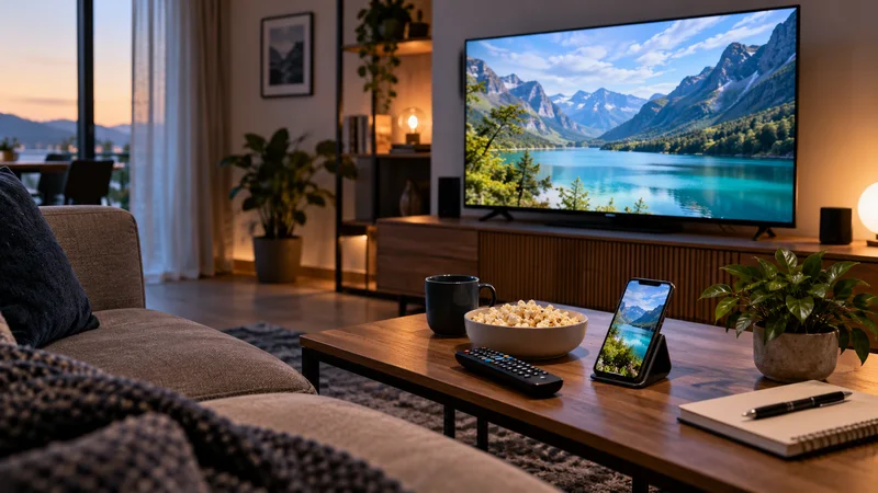 Televisão com lago e montanhas, celular, caderno e tigela de pipoca sobre mesa de centro.